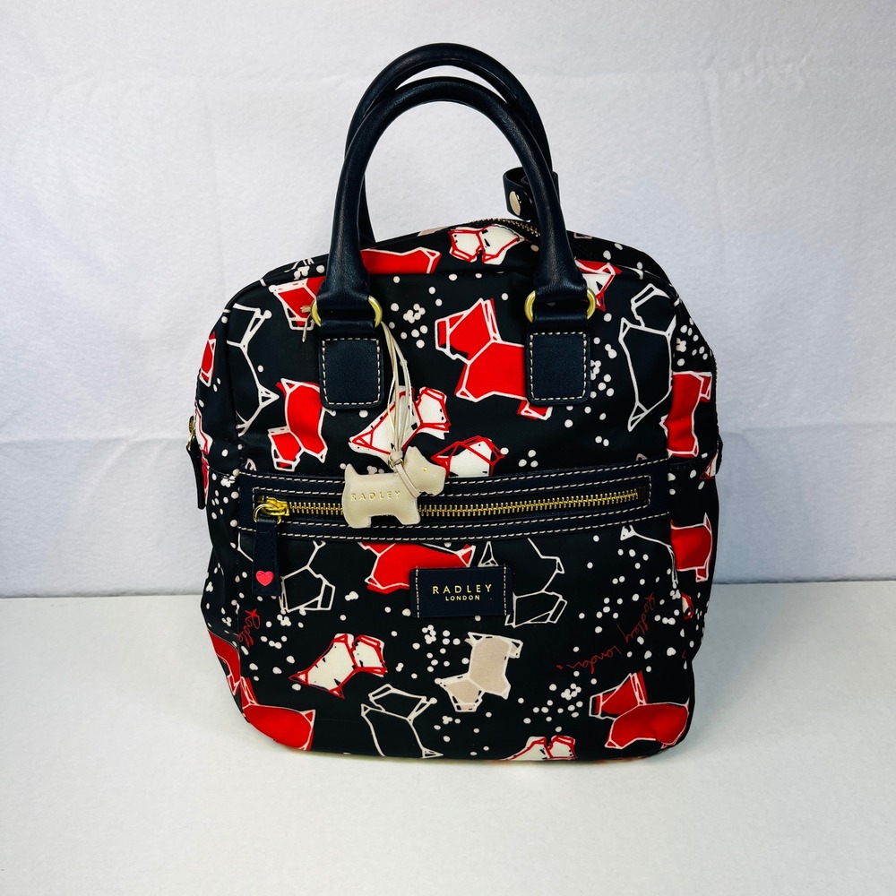 Radley London Scottie Dog Print Nylon Backpack Black Red White Handbag